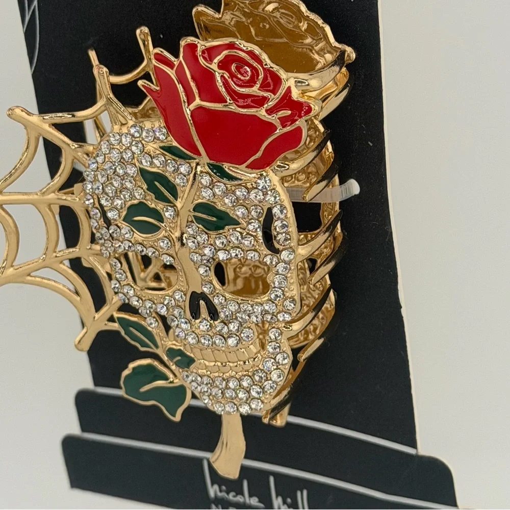Nicole Miller Gold-Tone Crystal Skull Hair Claw Clip with Red Rose and Web